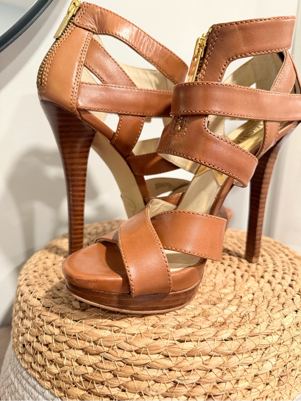Michael Kors Cognac Leather Strappy Platform Heels
